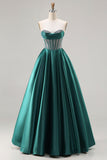 Vestido longo de baile de finalistas verde escuro princesa com missangas