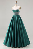 Vestido longo de baile de finalistas verde escuro princesa com missangas