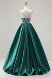 Vestido longo de baile de finalistas verde escuro princesa com missangas