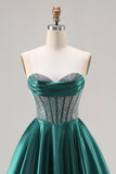 Vestido longo de baile de finalistas verde escuro princesa com missangas