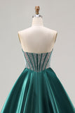 Vestido longo de baile de finalistas verde escuro princesa com missangas