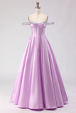 Vestido longo de baile de finalistas, Corset de Espartilho em Linha em Forma de Forma Roxo Claro Ombro Descoberto