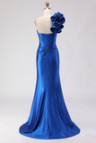 Vestido de Baile de Finalista Longo Longo de Espartilho de Sereia Com Missangas de Um Ombro e Azul Real