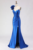 Vestido de Baile de Finalista Longo Longo de Espartilho de Sereia Com Missangas de Um Ombro e Azul Real