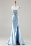 Vestido de baile de finalistas longo com contas e espartilho sem alças em forma de sereia azul celeste