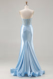 Vestido de baile de finalistas longo com contas e espartilho sem alças em forma de sereia azul celeste