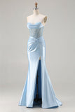 Vestido de baile de finalistas longo com contas e espartilho sem alças em forma de sereia azul celeste