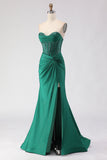 Glitter Verde Escuro Espartilho Espartilho com Espartilho Verde Escuro Vestido de Baile Longo com Fenda
