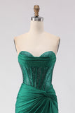 Glitter Verde Escuro Espartilho Espartilho com Espartilho Verde Escuro Vestido de Baile Longo com Fenda