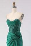 Glitter Verde Escuro Espartilho Espartilho com Espartilho Verde Escuro Vestido de Baile Longo com Fenda