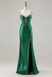 Vestido de Baile de Finalista Longo de Sereia Verde Escuro Metálico com Missangas