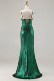 Vestido de Baile de Finalista Longo de Sereia Verde Escuro Metálico com Missangas