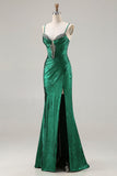 Vestido de Baile de Finalista Longo de Sereia Verde Escuro Metálico com Missangas