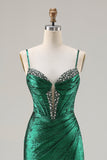 Vestido de Baile de Finalista Longo de Sereia Verde Escuro Metálico com Missangas