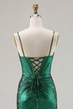 Vestido de Baile de Finalista Longo de Sereia Verde Escuro Metálico com Missangas