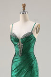 Vestido de Baile de Finalista Longo de Sereia Verde Escuro Metálico com Missangas