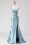 Espartilho de sereia cinzenta-azul, renda com contas nas costas, vestido comprido de baile com fenda