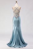 Espartilho de sereia cinzenta-azul, renda com contas nas costas, vestido comprido de baile com fenda
