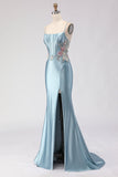 Espartilho de sereia cinzenta-azul, renda com contas nas costas, vestido comprido de baile com fenda