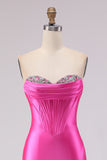 Vestido de Baile de Finalistas Espartilho Espartilho Sweetheart Fuchsia com Missangas e Fenda