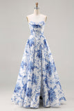 Espartilho azul floral sem alças em formato A, renda nas costas, vestido comprido de baile com fenda