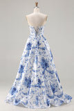 Espartilho azul floral sem alças em formato A, renda nas costas, vestido comprido de baile com fenda