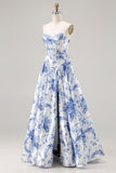 Espartilho azul floral sem alças em formato A, renda nas costas, vestido comprido de baile com fenda