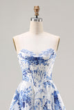 Espartilho azul floral sem alças em formato A, renda nas costas, vestido comprido de baile com fenda