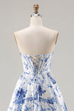 Espartilho azul floral sem alças em formato A, renda nas costas, vestido comprido de baile com fenda