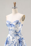 Espartilho azul floral sem alças em formato A, renda nas costas, vestido comprido de baile com fenda