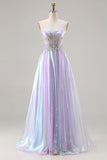 Vestido de baile de finalistas longo, Corset Roxo A-Line Sem Alças Cintilantes, Renda Encostada, Vestido de Baile Longo com Aplicações