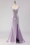 Vestido de Baile de Finalistas Longo Corset Sereia Sem Alças, Roxo Claro com Missangas e Fenda