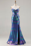Vestido de baile de finalistas Espartilho Metálico Azul-Marinho Sereia Sem Alças Longo com Fenda