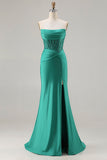 Vestido de baile de finalistas com lantejoulas sem alças verde-escuro Vestido de Baile Longo com Fenda