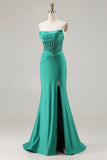 Vestido de baile de finalistas com lantejoulas sem alças verde-escuro Vestido de Baile Longo com Fenda