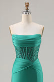 Vestido de baile de finalistas com lantejoulas sem alças verde-escuro Vestido de Baile Longo com Fenda