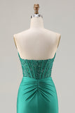 Vestido de baile de finalistas com lantejoulas sem alças verde-escuro Vestido de Baile Longo com Fenda