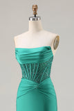 Vestido de baile de finalistas com lantejoulas sem alças verde-escuro Vestido de Baile Longo com Fenda