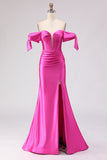 Vestido de Baile de Finalistas com Corset Fucsia Ombro Descoberto, Missangas e Vestido de Baile Comprido