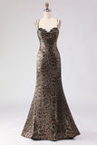 Vestido longo de baile de sereia-leopardo caqui com renda nas costas