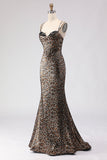 Vestido longo de baile de sereia-leopardo caqui com renda nas costas