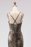 Vestido longo de baile de sereia-leopardo caqui com renda nas costas