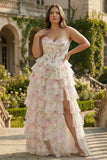 Vestido de baile de finalistas cor-de-rosa floral floral A-line A-size, tamanhos grandes com fenda