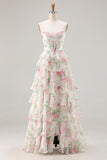 Espartilho cor-de-rosa floral Sweetheart Vestido de Baile longo em camadas com fenda