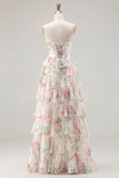 Espartilho cor-de-rosa floral Sweetheart Vestido de Baile longo em camadas com fenda