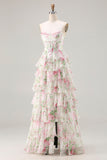 Espartilho cor-de-rosa floral Sweetheart Vestido de Baile longo em camadas com fenda