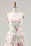 Espartilho cor-de-rosa floral Sweetheart Vestido de Baile longo em camadas com fenda