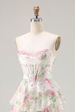 Espartilho cor-de-rosa floral Sweetheart Vestido de Baile longo em camadas com fenda