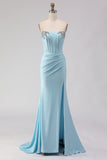 Vestido de baile de finalistas Azul Celeste, Corset Sem Alças com Missangas e Corseia, Longo Vestido de Baile
