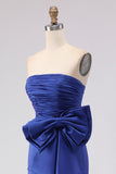 Vestido de baile de finalistas azul real sem alças, fenda lateral com fenda lateral e laço grande